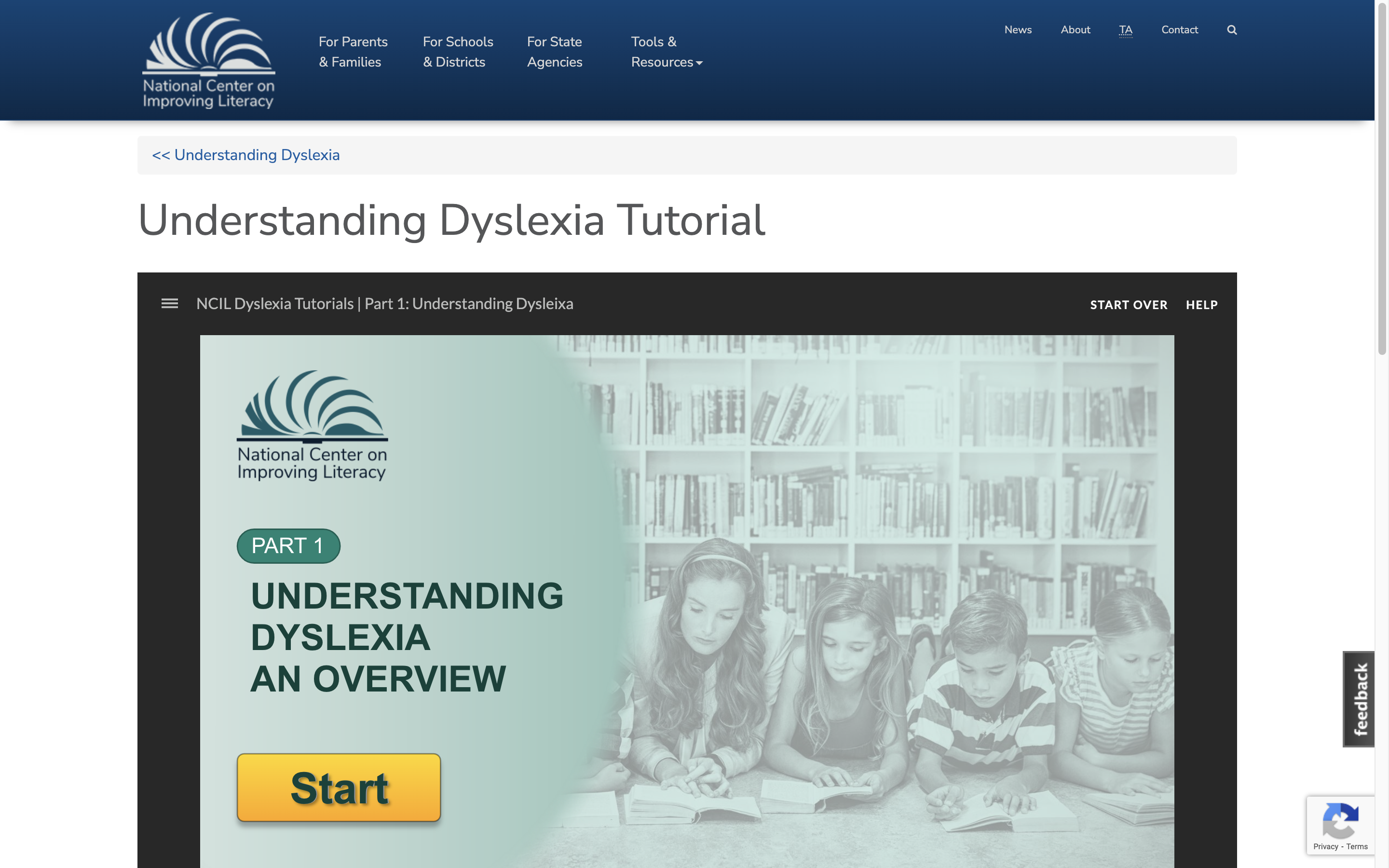Screenshot of website including an image of a teacher and multiple students reading.